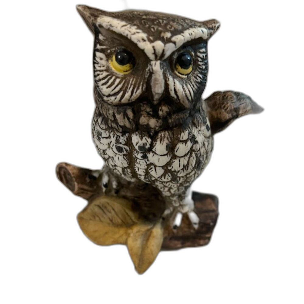 Vtg  Homco Owl Figurine Perched on Branch MCM Handpainted Cabincore Rustic Decor